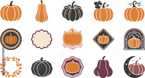 Vintage pumpkin icons. Autumn harvest labels and logo templates. Retro fall decorative symbols and badges for Halloween design.