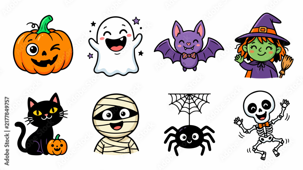 Fototapeta premium Cute Halloween vector elements collection featuring friendly pumpkin, ghost, bat, witch, cat, mummy, spider, and dancing skeleton characters for festive designs