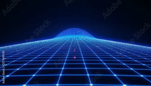 Abstract glowing blue grid with a spherical distortion in the distance