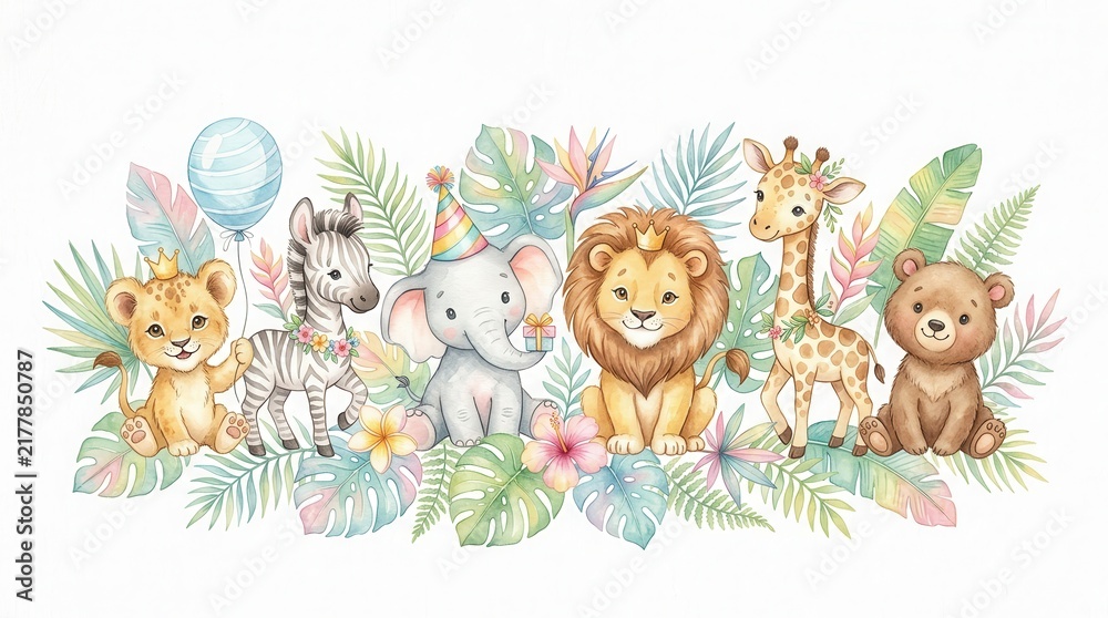 Fototapeta premium Cute Watercolor Safari Animals Birthday Party Illustration with Elephant Lion Giraffe Zebra and Tropical Leaves