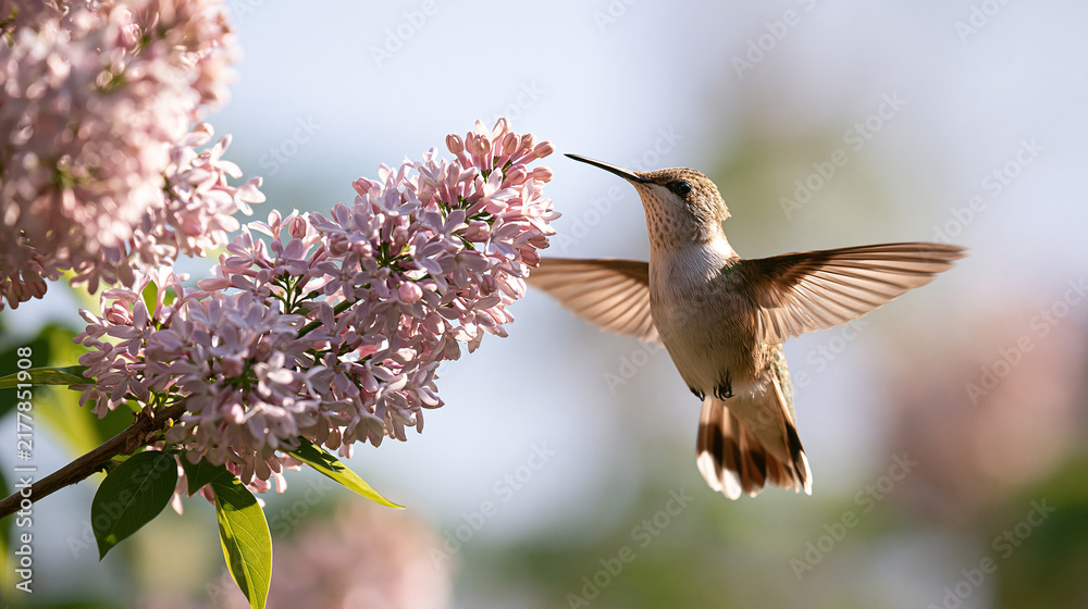 Fototapeta premium Wild Hummingbird Suspended in Flight by a Blooming Branch