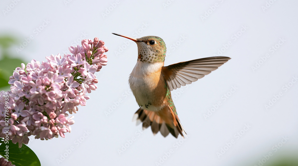 Fototapeta premium Delicate Garden Wildlife Scene with Hummingbird and Lilac