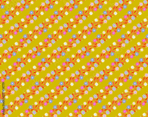 Small floral, botanical, natural diagonal pattern Simple floral borders, garlands, ornaments on a yellow background Printing on fabric, sewing fabric, textiles, and wrapping paper