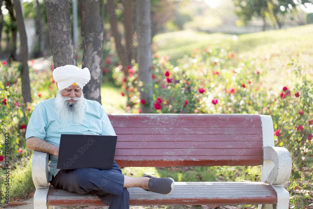 Fototapeta premium Indian senior sikh man working on laptop at park