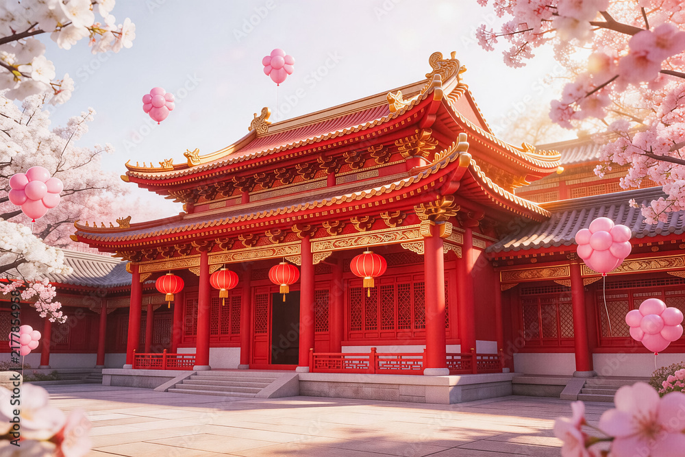 Obraz premium Traditional Chinese Building With Cherry Blossoms And Red Lanterns