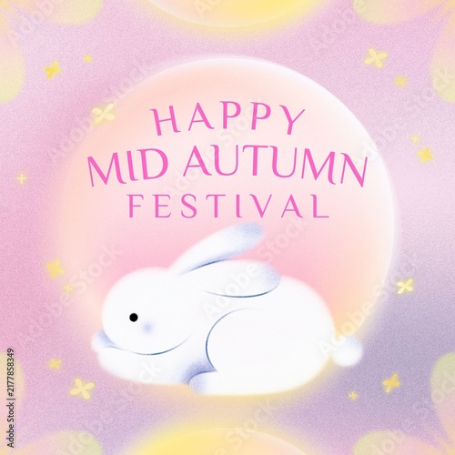 Happy Mid Autumn Festival - Cute White Bunny With Full Moon.