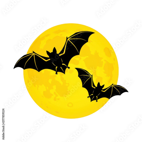 Two black bats flying in front of a big bright yellow full moon
