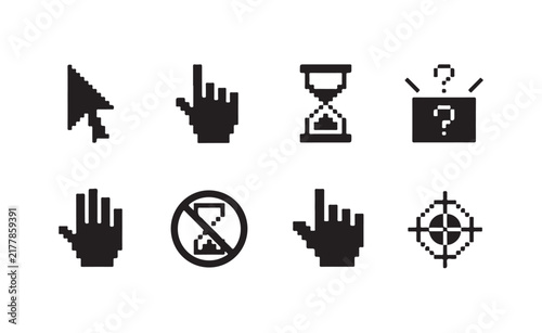 Pixel art computer cursor icon set featuring retro 8-bit style pointers and waiting symbols for vintage software design.