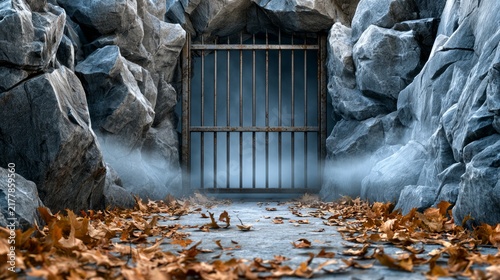 Mysterious Ancient Stone Cave Entrance Sealed with a Sturdy Gate and Fallen Leaves Surrounding