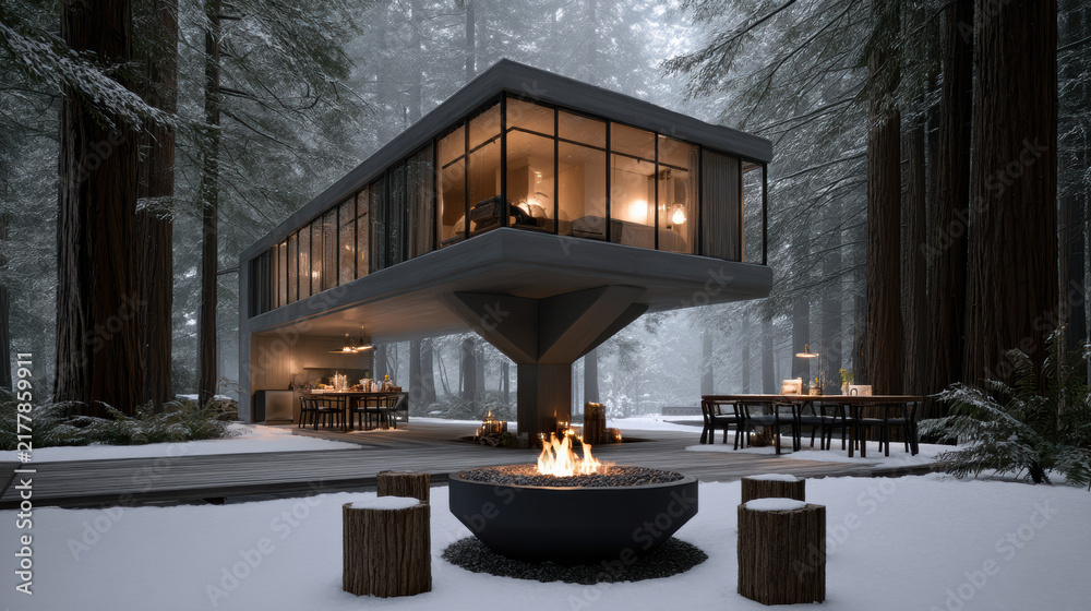Obraz premium Modern glass cabin elevated above snowy forest floor, warm fire pit, cozy winter atmosphere, surrounded by tall trees, outdoor seating
