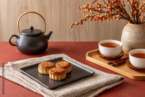 Elegant Display of Handcrafted Food with Tea Set and Beautiful Background in Holiday Setting