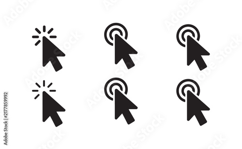 Computer arrow pointer click icon set with concentric ripple and spark effects for interactive website button feedback.