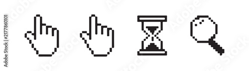 Pixelated cursor icons including hand hourglass and magnifying glass for retro computer interfaces on grey background.