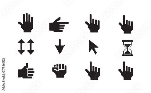 Collection of diverse pixelated hand and cursor icons for user interface elements and navigation on grey background.