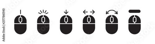 Computer mouse icons in various states of interaction for digital user interfaces on grey background.