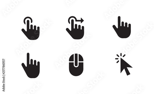 Black cursor and hand gesture pointer icon set on transparent background for computer interface and website design.