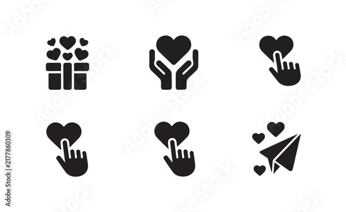 Heart icons collection symbolizing love and care with gift hands and paper airplane elements for design on grey background.