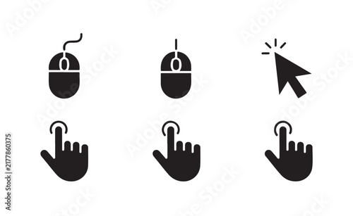 Black computer mouse and hand clicking pointer icons on transparent background for web navigation interface graphic design.