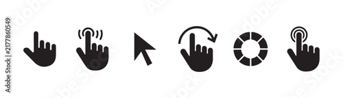Set of black pointer and clicker icons featuring various hand gestures and arrow cursor styles on transparent background.