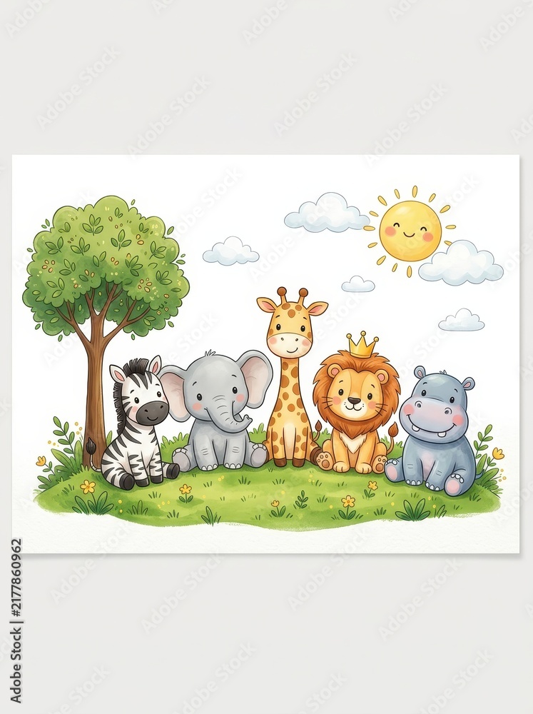 Obraz premium Cute Cartoon Safari Animals Illustration with Lion, Elephant, Giraffe, Zebra and Hippo for Nursery Decor