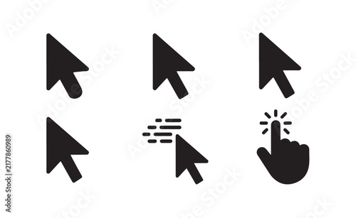 Collection of black arrow mouse cursors and hand clicking pointer vector graphics on transparent grid background.