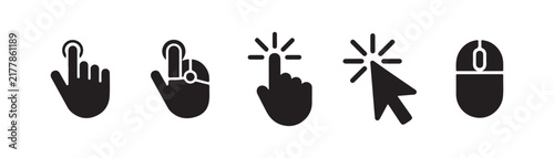 Set of computer mouse and digital finger pointer hand click icons on transparent grid background black silhouette.