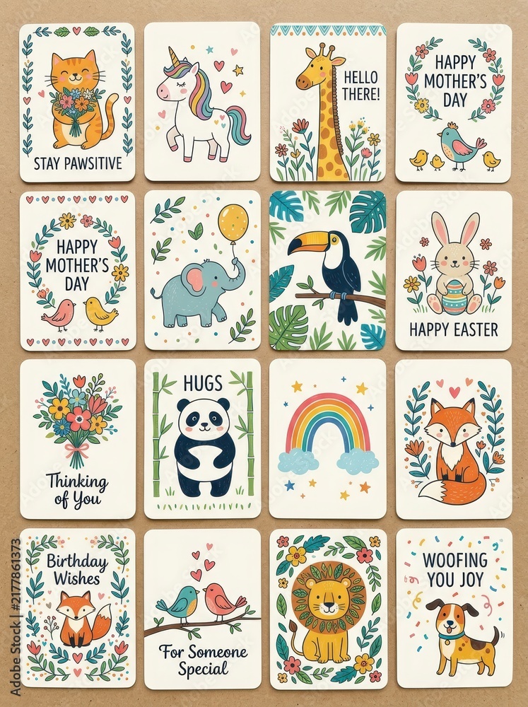 Fototapeta premium Collection of Cute Hand-Drawn Animal Greeting Cards and Stickers with Inspirational Quotes and Holiday Greetings for Kids