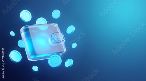 Digital wallet hologram with coins illustrating fintech payment and digital finance systems