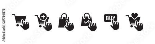 Shopping cart icons set with hand cursor for ecommerce store checkout and online retail purchase process user interface.