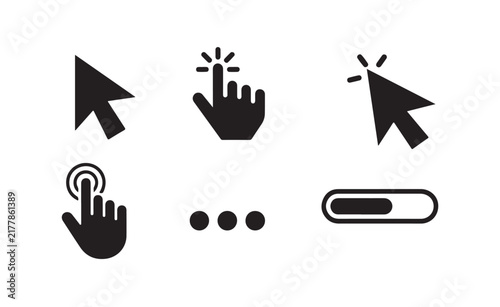 Cursor pointer icons set featuring black arrows and hand shapes for user interface navigation and website button interaction.
