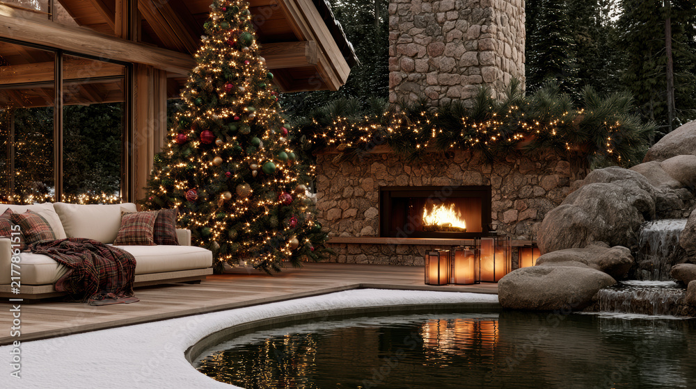 Obraz premium Luxurious Christmas forest cabin with festive tree, cozy fireplace, outdoor sofa, glowing lanterns, and tranquil pond at dusk