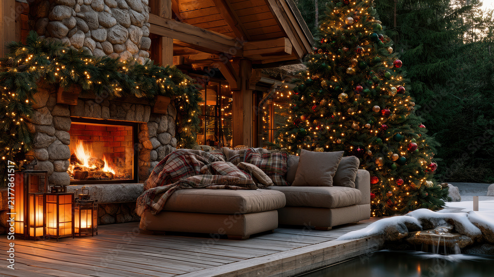 Obraz premium Luxurious Christmas forest cabin with cozy fireplace, festive lights, decorated tree, and snowy wooden deck create warm holiday atmosphere