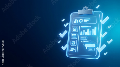 Digital project management clipboard hologram with checklist symbols for workflow tracking and task completion