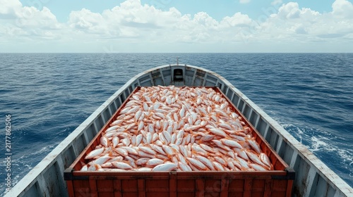 A large fishing boat carries a full load of freshly caught fish on the open sea under a partly cloudy sky.