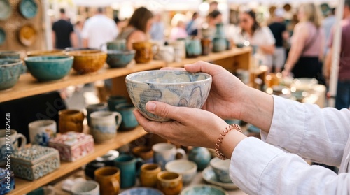 Vibrant outdoor market experience, showcasing beautifully handmade artisan pottery and unique ceramic bowls