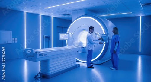 Modern MRI Scan Room with Doctors Discussing Patient Scan Results on Futuristic Interface