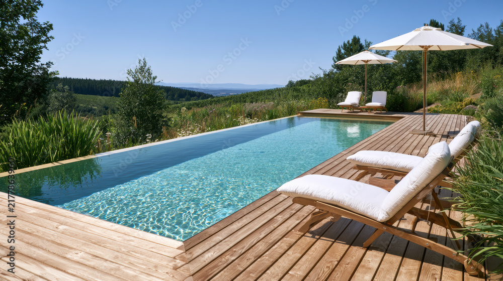 Obraz premium Natural swimming pool with wood deck, clear water, sun loungers, white umbrella, green landscape, summer, peaceful outdoor retreat