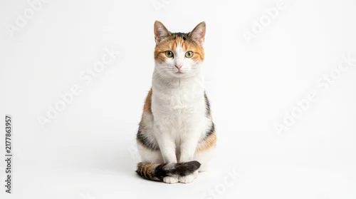 Fototapeta na wymiar calico cat sitting calmly and looking at the camera