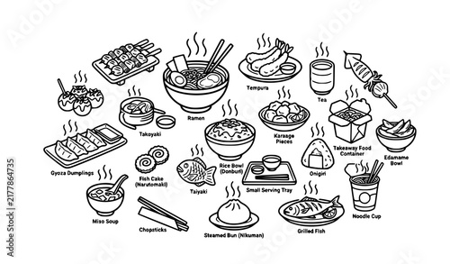 Japanese Street Food Ramen Takoyaki Gyoza and Sushi Outline Icons