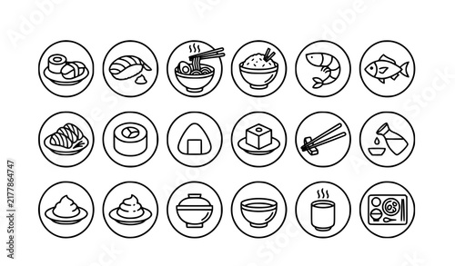 Minimal Japanese Cuisine Sushi Ramen Rice and Seafood Outline Icons