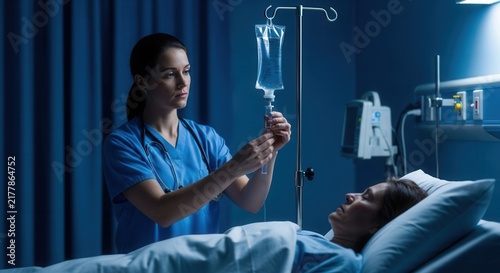 Nurse Adjusting IV Drip for Patient in Dark Hospital Room at Night