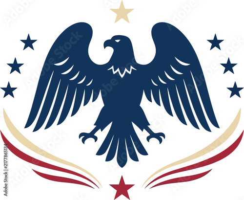 Patriot eagle emblem with blue bird of prey silhouette and stars for national themed decorations.