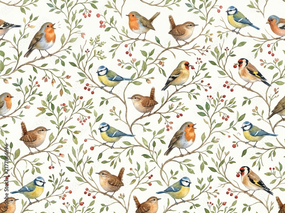 Obraz premium Small Bird Perched on a Branch Watercolor Seamless Pattern