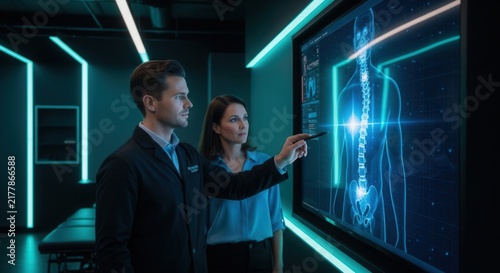 Medical professionals examining advanced holographic spine scan on futuristic digital display in a modern lab