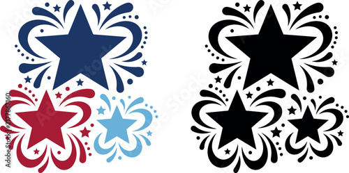 Star clusters with swirling shapes in patriotic colors for festive design elements.