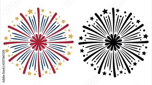 Vibrant fireworks design in red, blue, and gold with sparkling stars for festive holiday events.