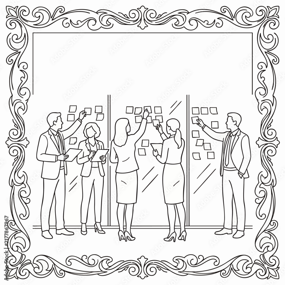Fototapeta premium Elegant monochrome business meeting illustration with ornate frame, concept for teamwork, corporate collaboration and professional networking use cases