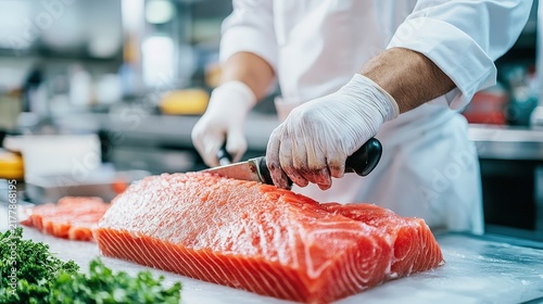 A chef wearing gloves expertly fillets a fresh salmon on a kitchen counter with herbs nearby.