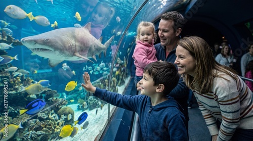 Family enjoys viewing a shark and colorful fish in a large aquarium tank at an oceanarium