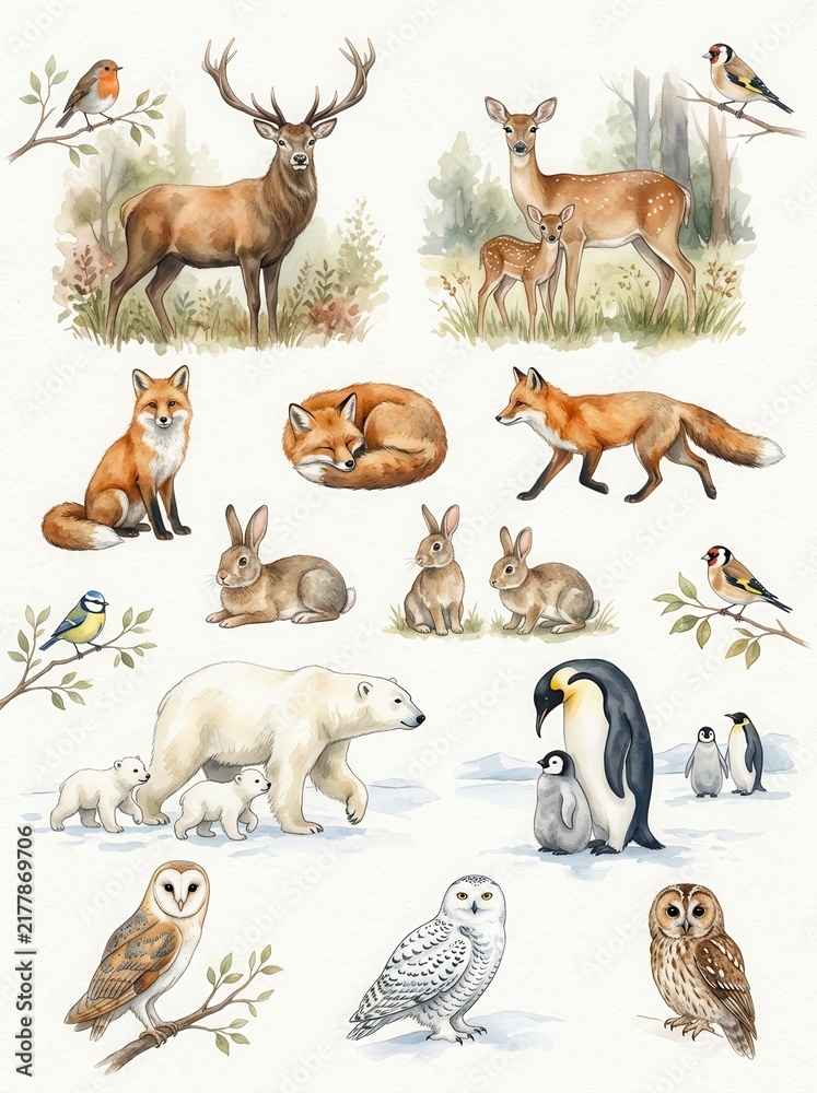 Obraz premium Watercolor Forest and Arctic Animals Collection - Deer, Fox, Rabbit, Polar Bear, Penguin, and Owl Illustrations